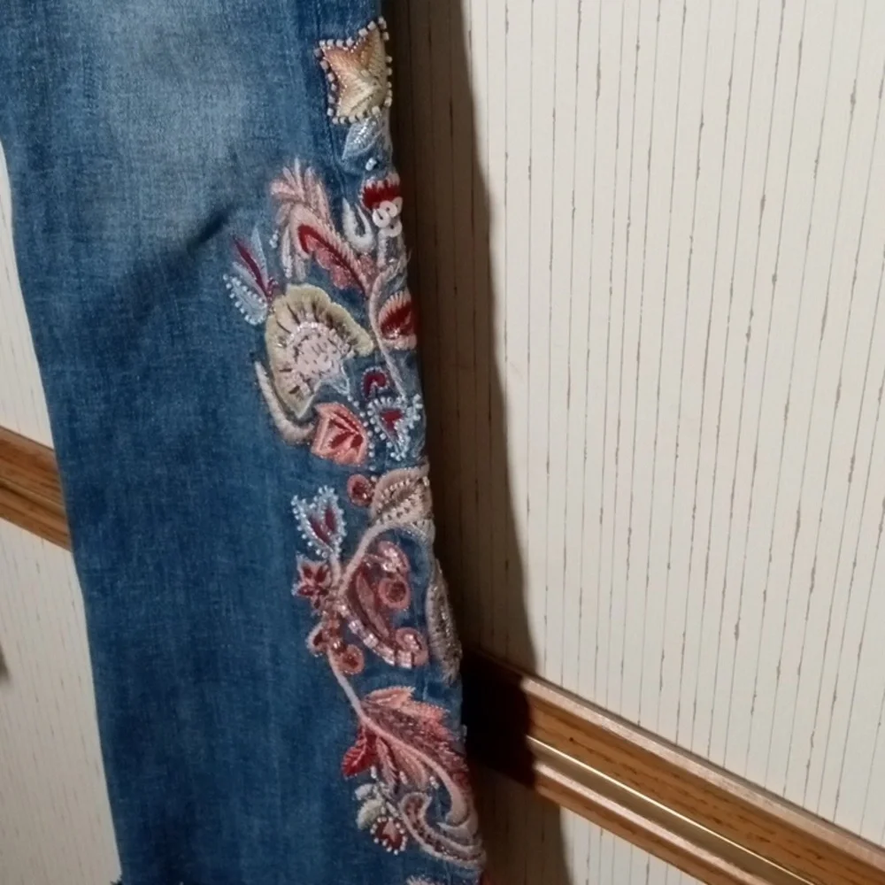 Soft Surroundings Blue Jeans with Floral Embroidery, Festival, Artistic, - Picture 4 of 7
